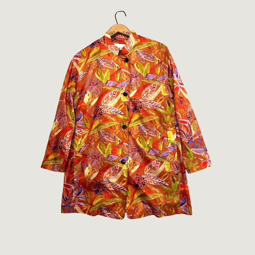 Oilily Womens Orange Floral Tropical Print Lightweight Button Front Jacket Sz 36